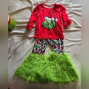Grinch Holiday Pajama Set - Red Top with Green Fuzzy Bells